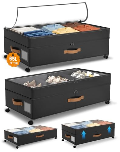 Megapuxin Under Bed Storage with Wheels, 10 inches Under Bed Storage Containers, 65L XXL Large Adjustable Underbed with Lids, Rolling Underbed Storage bins for Shoes, Clothes, Blankets, Black