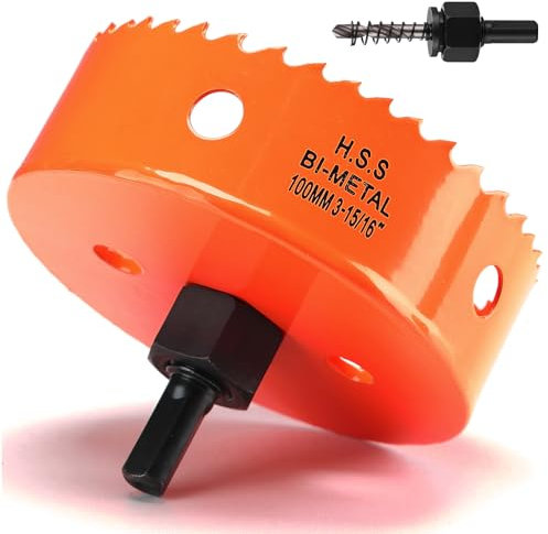 Sega a tazza da 100 mm, arancione, in acciaio rapido HSS M42, bimetallico, fresa a tazza con codolo esagonale e punta con profondità di taglio di 35 mm, per legno, cartongesso e lamiera metallica