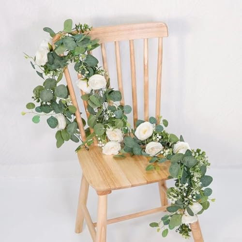 Guirnalda de eucalipto artificial, 2 piezas, vides verdes, hojas falsas de flores blancas, guirnaldas de hiedra para mesa, boda, arco de telón de fondo, decoración de pared