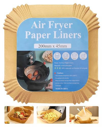 FEHCBIO Quadrat für 4.5L-8L 100 Stück Airfryer Backpapier für Heißluftfritteuse 20-24cm, Antihaft Wasserdicht Ölfest Einwegschalen Pergamentpapier Liner für Ofen,Pfannen,Backen,Bratpfanne,Mikrowelle