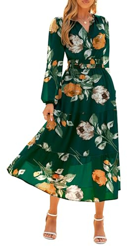 Simplee Maxikleid für Damen, Blumenmuster, Boho, Lange Ärmel, V-Ausschnitt, Empire-Taille, Swing, fließend, Hochzeitsgästekleid, Grünes Blumenmuster, Klein