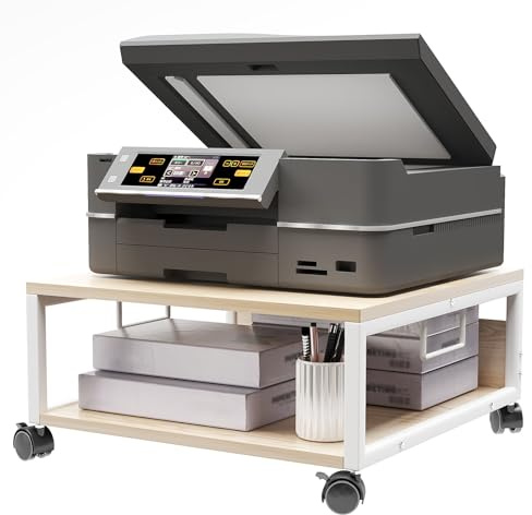 IBUYKE 2 Tier Desktop Printer Stand Cart,Printer Table with Wheels,Desk Heavy Duty Rolling Table with Storage Folders,for Books, Fax Machine, Scanner,Home Office TLJ008R