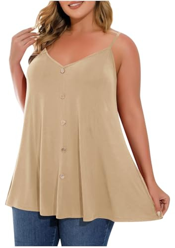 Camiseta de tirantes finos para mujer, sexy, botones en V, camisola de verano, sin mangas, camiseta de tirantes de talla grande, camiseta ligera de un solo color, holgada, cómoda, caqui, XXXXL