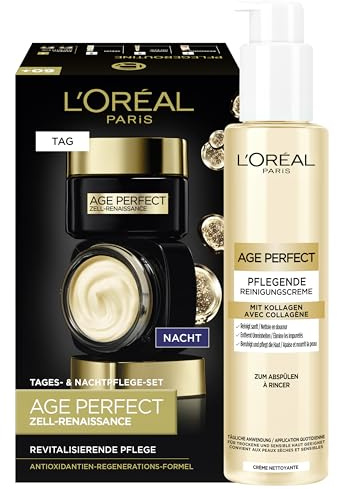 L'Oréal Paris Set: Age Perfect Zell-Renaissance Tag- und Nacht-Gesichtspflegeset revitalisiert die Haut und reduziert Falten, 2 x 50 ml, und Age Perfect Pflegende Reinigungscreme mit Kollagen, 150 ml