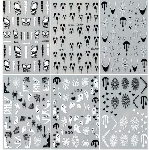 CharmBurst 6 Blatt Halloween Nagelaufkleber 3D Selbstklebend, Glitzer Spinnennetz Nägel, Spinne Nagelsticker Füße, Totenkopf Nagel Sticker, Nail Art Sticker Halloween