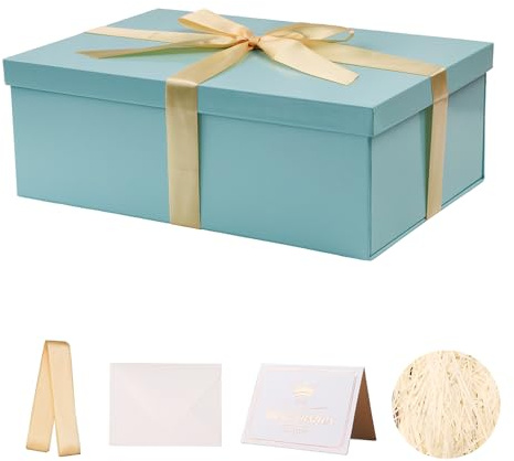 Geschenkbox, blau, 31 x 21 x 11 cm, leere Geschenkbox, Geburtstag, Hochzeit, 2 Stück (enthält Band, Seidenpapier, Umschläge und Karten)