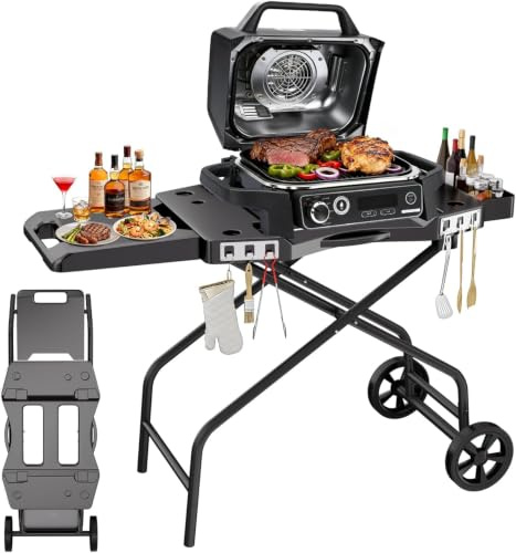 Support de barbecue pour Ninja OG701, Traeger Ranger, Pit Boss, Blackstone – Chariot de barbecue d'extérieur pliable avec étagère de table latérale, crochets et roues