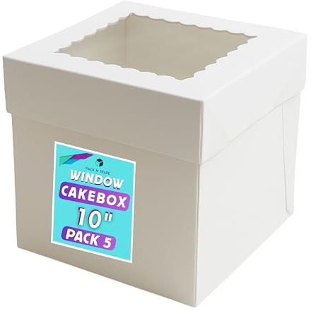 PACK N TRADE White 10 Inch Cake Box With Transparent Window, Pack of 5 Square Cardboard Cake Boxes (10 x 10 x 8 Inches), Ideal for Safely Carrying and Transporting Cakes