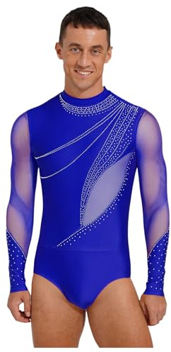 Mufeng Men And Boy Ballroom Dance Jazz Chacha Costume Shiny Rhinestones Latin Dance Shirt Ballet Leotard Royal Blue L