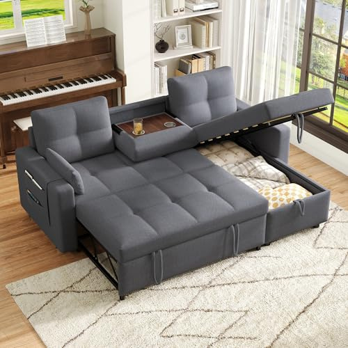 Merax Sofa Ecksofa mit Schlaffunktion – Ausziehbares Schlafsofa mit Bettkasten, Stauraum, herunterziehbarem Getränkehalter und Seitentaschen, L-förmige Schlafcouch für Wohnzimmer/Schlafzimmer, Grau