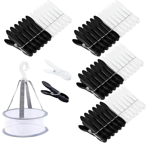 60 PCS Clothes Pegs for Washing with Bag,Black and White Washing Pegs,Strong Clothes Pegs,Clothespins Windproof Laundry Pegs with Basket for Home and Garden (Black and White)