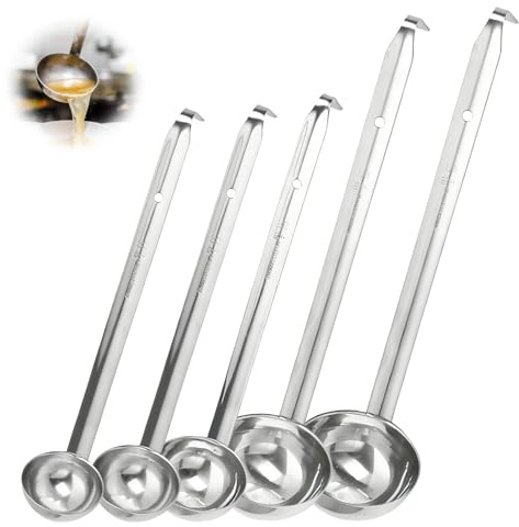 Stainless Steel Hooked Handle Ladle Set - 5 Pcs with Pouring Rim, Soup Ladle Stainless Steel, (1oz, 2oz, 3oz, 4oz, 5oz) with Hook & Long Handle for Cooking Kitchen Soup Sauce