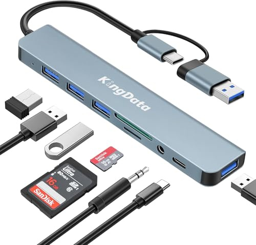 KingData USB C Adapter 8 in 1, USB Hub Multiport Adapter with Type C Data Port, USB A 3.0 Port, SD/TF Card Reader, 3.5mm Headphone Jack, Type C Hub Docking Station for Smartphone Laptop Tablet Pad Swi