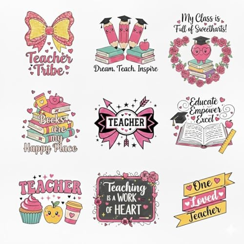UV DTF Transfer Stickers for Teachers, 9 Sheets Waterproof Rub on Decals for Cups Mugs Tumblers, 2.5 Inch DIY Craft Wraps