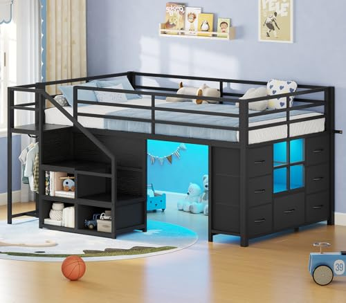 BTHFST Low Loft Bed Twin Size with Stairs & LED Lights, Kids Loft Bed with 7 Storage Drawers & 3 Open Cubbies & Handy Clothes Rail, Twin Loft Bed with Safety Guardrail, Under-Bed Play Area, Black