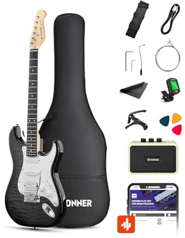 Donner DST-90 E-Gitarre Set 39 Zoll, Einsteiger E-Gitarren Komplettset mit Verstärker, HSS Tonabnehmer, Gigbag, Stimmgerät, Kapodaster, Gurt, Saiten, Kabel und Plektren, Black Burst