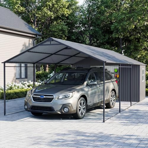 COSIEST 12x25 FT 2-in-1 Carport Storage Shed (12x20 Carport & 12x5 Storage) with Enclosed Storage Room, Heavy Duty Galvanized Metal Frame, All-Weather Use for Cars, Full-Sized Pickup Trucks, SUVs