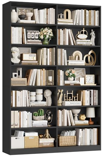FirFurd Bücherregal 212 cm hoch Bücherschrank mit 14 Fächern schwarz | Regal groß, Standregal doppelreihig, Vitrinenschrank, Aufbewahrungsregal für Wohnzimmer Arbeitszimmer Küche, 116x28,5x212 cm