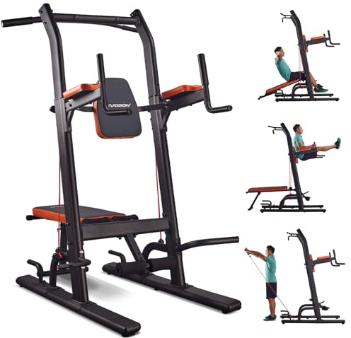HARISON Multifunction Power Tower with Bench, Heavy Duty Pull Up Bar Dip Station for Home Gym Workout Strength Training Fitness Equipment