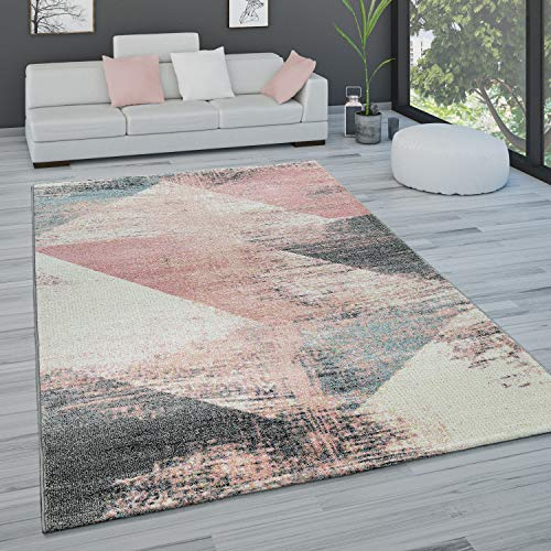 Paco Home Teppich Wohnzimmer Schlafzimmer Kurzflor Vintage Optik Modern Pastell Rautenmuster Abstrakt, Grösse:200x290 cm, Farbe:Bunt