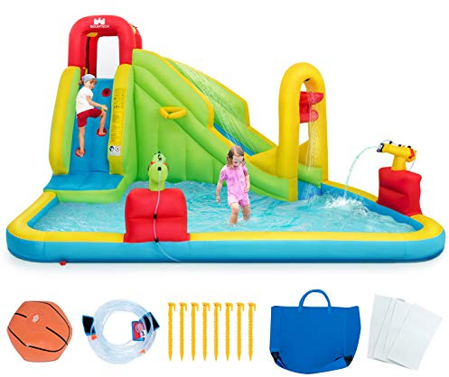GOPLUS Wasserpark mit Rutsche, Aufblasbares Planschbecken, mit Kletterwand, Basketballkorb, Wasserpistole, Hüpfburg, für Kinder von 3 bis 10 Jahren, 400 x 335 x 230cm (Sommer, Ohne Gebläse)