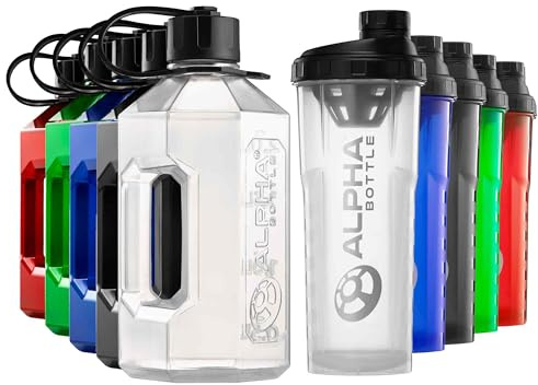 Alpha Designs 2 Pack Water Bottle & Protein Shaker Bottle XXL Bundle Clear | Gym Gifts for Men & Women. 2.4 Litre Water Bottle + 1 Litre Protein Shaker Bottle. Gym Water Bottle and Protein Shaker.