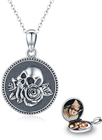 JFASHOP Medaillon Totenkopf Kette Herren 925 Sterling Silber Amulett Foto Medaillon Halskette Totenkopf Anhänger Schädel Punk Totenkopf Schmuck Muttertags Geschenke für Damen Mädchen Kinder