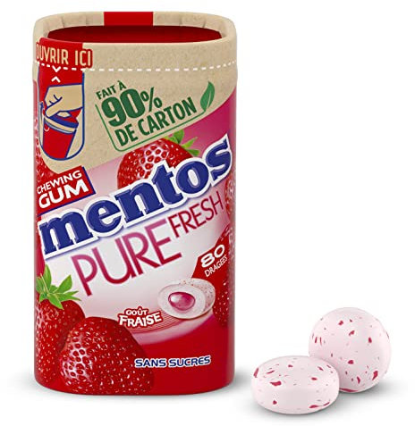 MENTOS GUM - Chewing-Gum Pure Fresh Fraise - Chewing-Gum Sans Sucres - Parfum Fraise Ultra Gourmand - Dure Longtemps - Boîte en carton de 80 Dragées - 160g