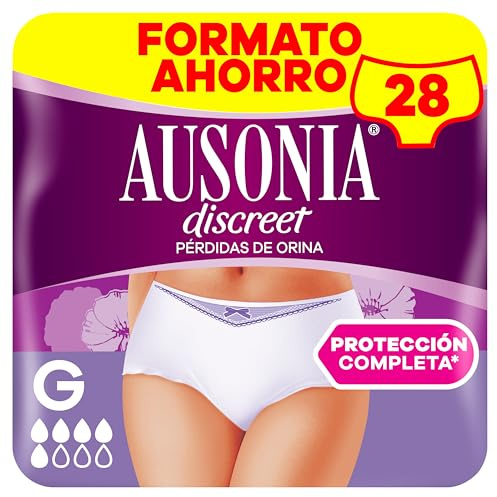 Ausonia Discreet Braguitas Para La Incontinencia Cintura Baja, Talla G, Pack de 28, Bloquea Pérdidas Y Olores, Cómodas Y Discretas | Bloquea pérdidas y olores al instante, cómodas y discretas bajo cualquier prenda, protección todo el día