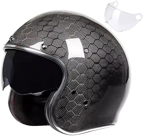 Retro 3/4-Motorradhelm Carbon Jet-Helm Chopper Motorrad-Helm mit Visier ECE-Zulassung Vintage Open Face Motorradhelm für Scooter Moped ATV Street Bike Football,M=57-58CM