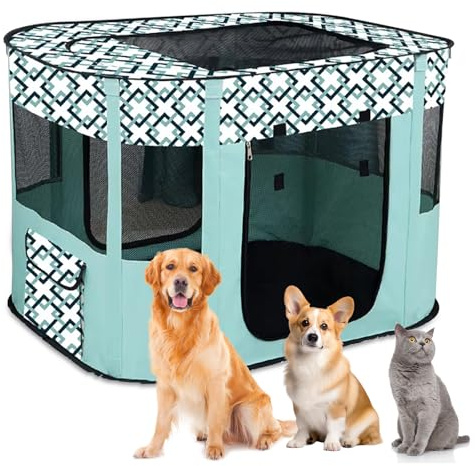 Recinto per Cani da Interno Pieghevole, Recinto per Cuccioli Verde a Scacchi 80 x 60 x 55 cm, Recinto per Gatti Traspirante, Portatile Recinto per Animali pour Gatti, Cani, Conigli