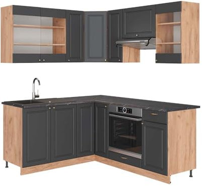 Vicco Eckküche Fame-Line, Anthrazit Landhaus/Goldkraft Eiche, 160 x 190 cm, AP Anthrazit