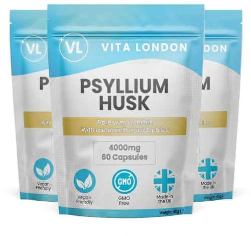 Psyllium Husk Capsules 4000mg with Probiotics (Lactobacillus Acidophilus) 180 High Fibre Supplement Capsules for Digestive Health - Made in UK