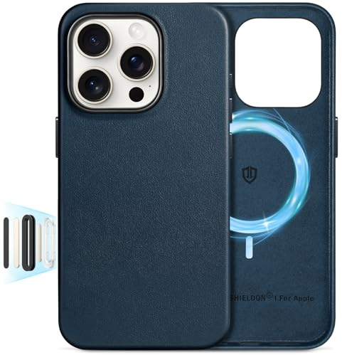 SHIELDON Lederhülle für iPhone 16 Pro, Kabelloses Laden Magnet Schutzhülle [Echtleder] [Kamerasteuerung] [Anti-Fingerabdruck] [Leicht] Hüllen Kompatibel mit iPhone 16 Pro 5G 6,3 2024 Marineblau