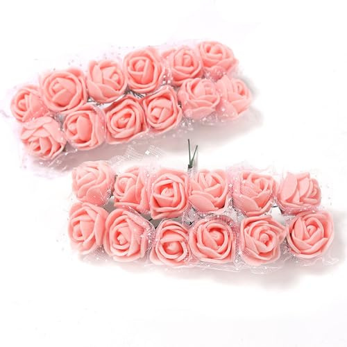 Anevous 24 Stück Künstliche Schaumrosen mit Stiel, 2cm Kunstrosen Blumenköpfe, Deko Blumen Schaum Rosenstrauß, Kunstblumen Rosen Basteln für Basteln Party Hochzeit Brautstrauß,Rosa