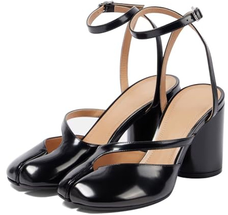 Agodor Women's Chunky Block High Heels Split Toe Pumps Ankle Strap Slingback Heels Tabi Shoes Comfort Dress Heeled Sandals Black US6.5