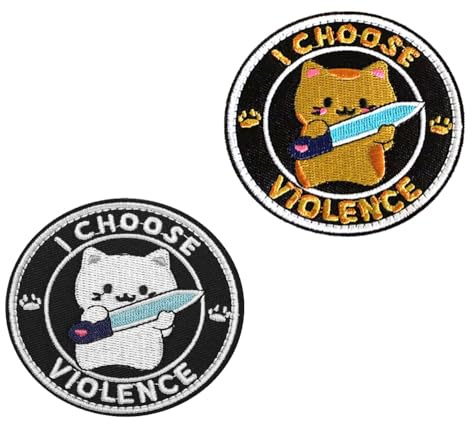 2 parches divertidos de gato con texto en inglés I Choose Violence para ropa, mochila, chaqueta, chaleco, sombrero, bolsa, motociclista, uniformes, brazalete, pantalones, aplique de gancho y bucle