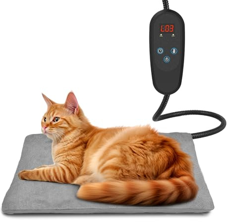Heizkissen für Haustiere mit Regler, geeignet für Katzen und Hunde, mit 6 Temperatureinstellungen und einem 24-Stunden-Timer, LED-Anzeige, Sicherheitsheizdecke mit bissfestem Kabel-Grau 40*50cm