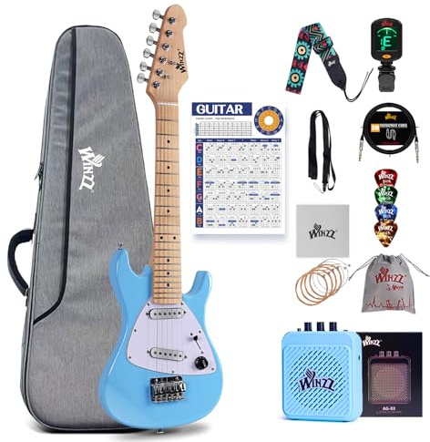 Winzz Kit de guitarra eléctrica para niños de 30 pulgadas, guitarra eléctrica Mini Junior 1/4 para niños, conjunto completo para principiantes con amplificador, color azul brillante