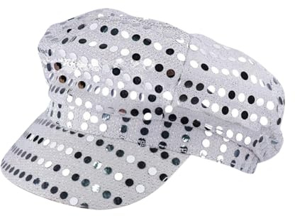 GSHLLO Glitter Sequin Hat Womens Bling Cap 70s Party Hats Retro Dance Hat Stage Performance Cap 1970s Costume Accessory Silver