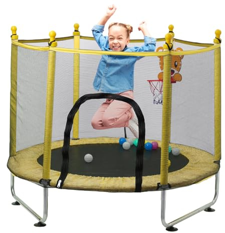 Trampolim elastisk barnsäng Criança 140 cm, utsida med skyddsnät, elastiska innersängar med basketkorg, studsmattor för barn 2–3 år (gul)