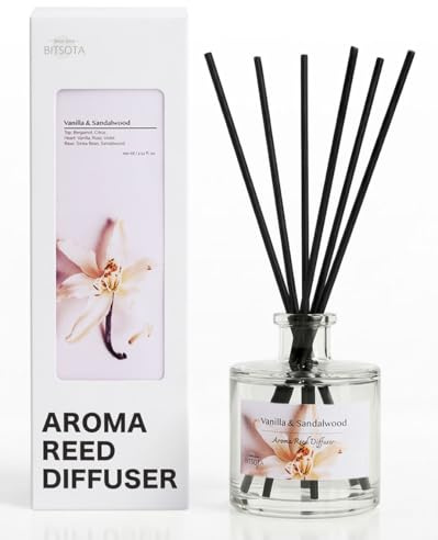BITSOTA Reed Diffuser Set, Vanilla & Sandalwood 3.52 oz (100ml) Scented Diffuser with Sticks Home Fragrance Reed Diffuser for Bathroom Shelf Decor, Ideal Gift for Woman