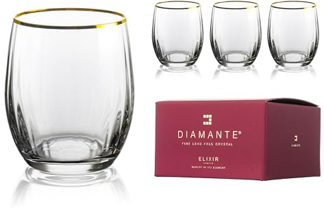DIAMANTE Crystal Whisky Tumbler Set Mirage Gold, Real Gold Painted Rims, Old Fashioned Glasses, Optical Wave Pattern, Gift Box, 300ml (4)