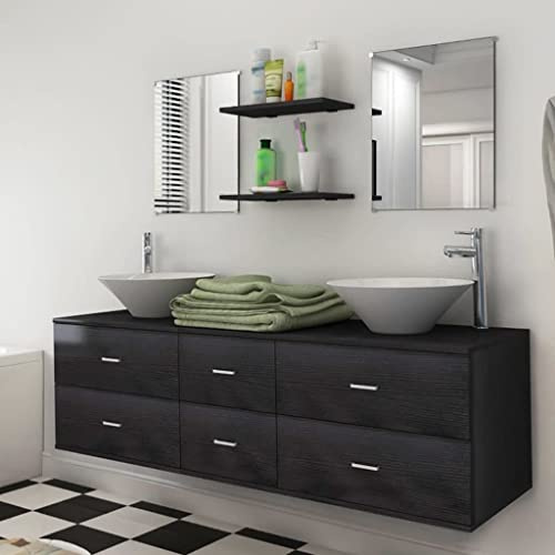 VIHHQGC Ensemble de 9 meubles de salle de bain avec 2 lavabos et 2 robinetteries en noir - Meuble de lavabo suspendu avec 4 tiroirs, miroirs et étagères en bois - Lavabo en céramique
