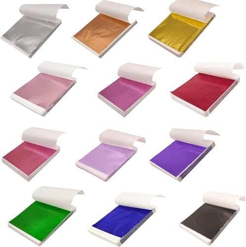 BetterJonny 600 Blatt Blattgold Imitation, Mehrfarbige Goldfolie Blattgold Goldpapier Pack er Blattgoldblätter zum Nagelkunst, Backen, Torten Dekorfolie,Basteln,Blattmetall, Blattgold Acrylmalerei 12