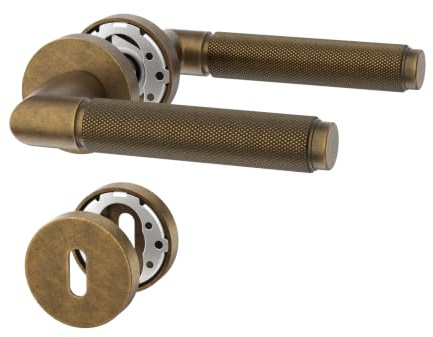 Amerdeco Manija de puerta interior Bronce Retro con roseta redonda, juego de palanca PZ con cilindro europeo, herraje de puerta para puertas de entrada e interiores UK0098