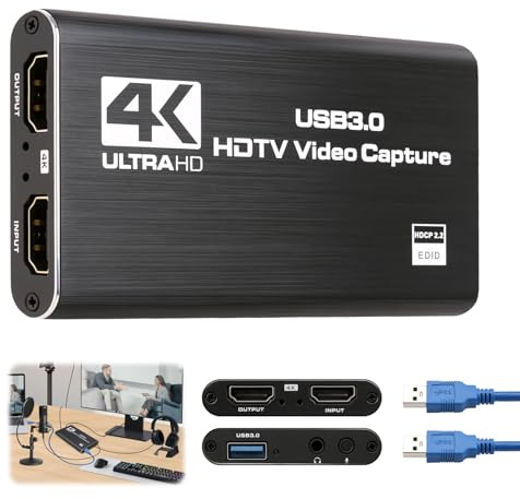 4K HDMI Video Capture Card USB 3.0, Full HD 1080P 60FPS Game Capture Device with HDMI Loop Out and Audio, Compatible with PS5 PS4 Xbox Series X/S Nintendo Switch Camera PC OBS Streaming Recording