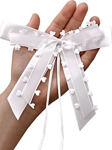 Praknu 25 Nœud Voiture Mariage avec Cœurs Blanc - Noeuds d'antenne Faits Main Ruban Satin - Décoration de Mariage cœur - Facile à Attacher - pour diverses fêtes