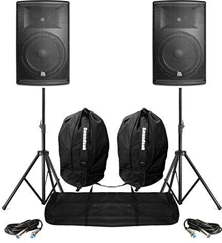 Pair of 12 Active DJ Speakers 2800W Bi-Amped Bluetooth PA System with Speaker Stands, Carry Bags & XLR Cables for DJs & Live Performances