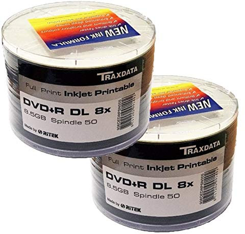 100 Traxdata DVD+R Double Layer DL 8x 8.5GB 240 minutes Ritek White Inkjet Blank Printable Dual Layer Discs Shrinkwrap